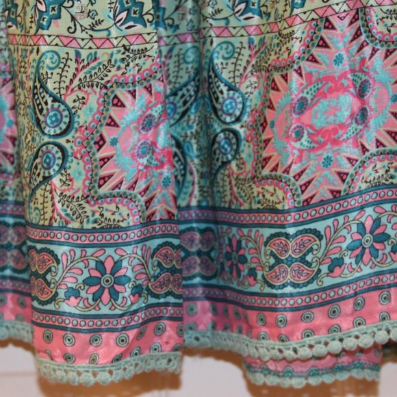 Bohemian Style Print Dress Bell Sleeve V-Neck Tassels Ribbon Made in India OS - Picture 7 of 14